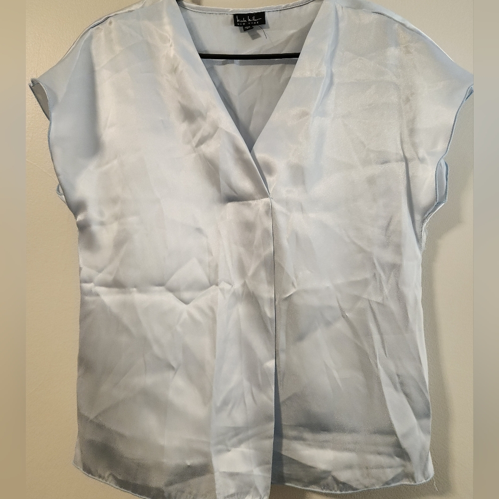 Nicole Miller Shimmering Satin Blouse in Baby Blue